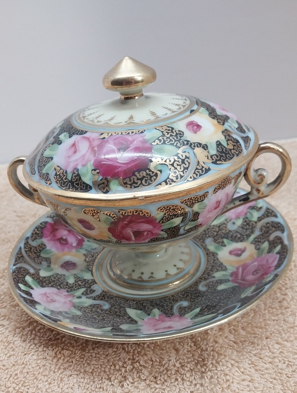Antique Hand Decorative Pink Floral Covered Compote with Gold Accents